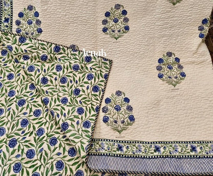 Blue Floral Garden Handblock Printed Reversible Quilted Bedcover -105 x108
