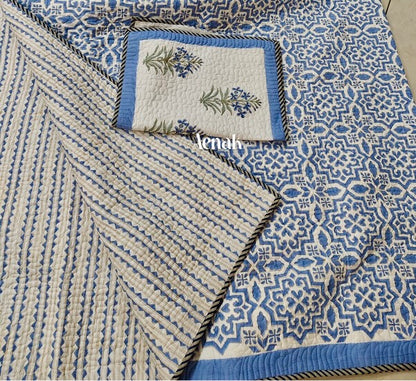 Blue Jaal Handblock Printed Reversible Quilted Bedcover -105 x108