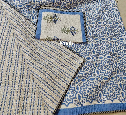 Blue Jaal Handblock Printed Reversible Quilted Bedcover -105 x108