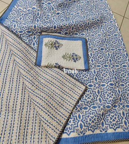 Blue Jaal Handblock Printed Reversible Quilted Bedcover -105 x108