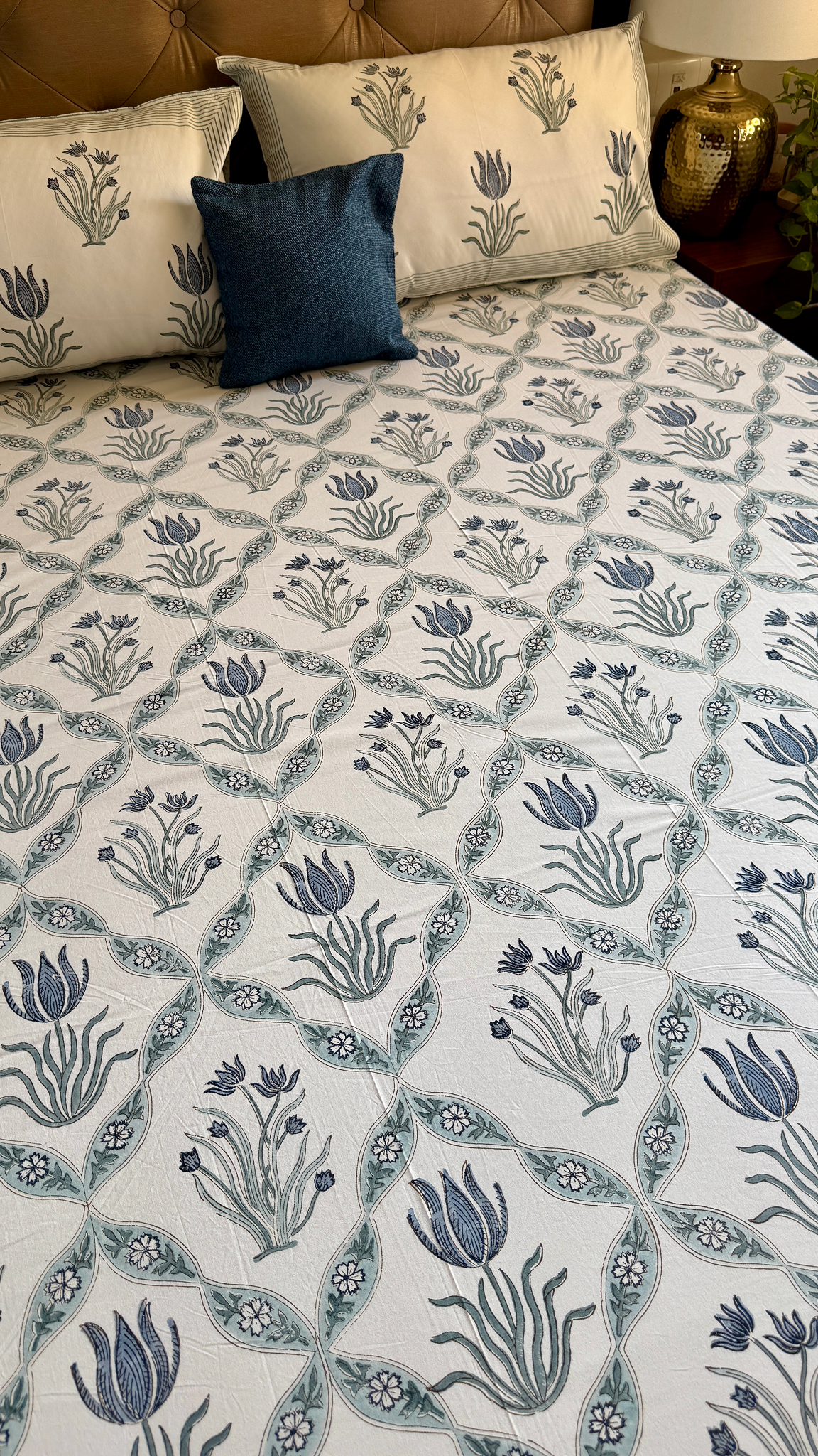 Blue Lotus Jaal Handblock Printed Premium Cotton Bedsheet