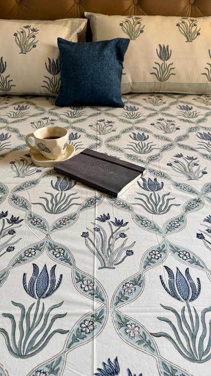 Blue Lotus Jaal Handblock Printed Premium Cotton Bedsheet