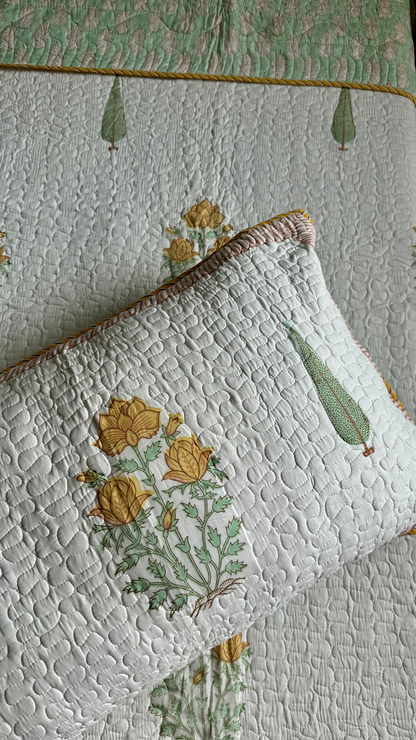 Yellow Marigold Handblock Printed Reversible Quilted Cotton Bedcover