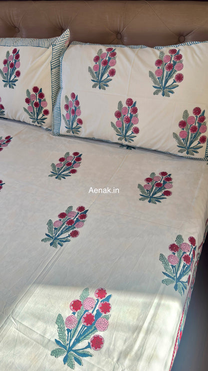 Gardenia Red Handblock Premium Cotton Bedsheet Set