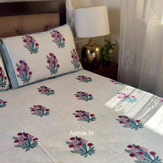 Gardenia Red Handblock Premium Cotton Bedsheet Set