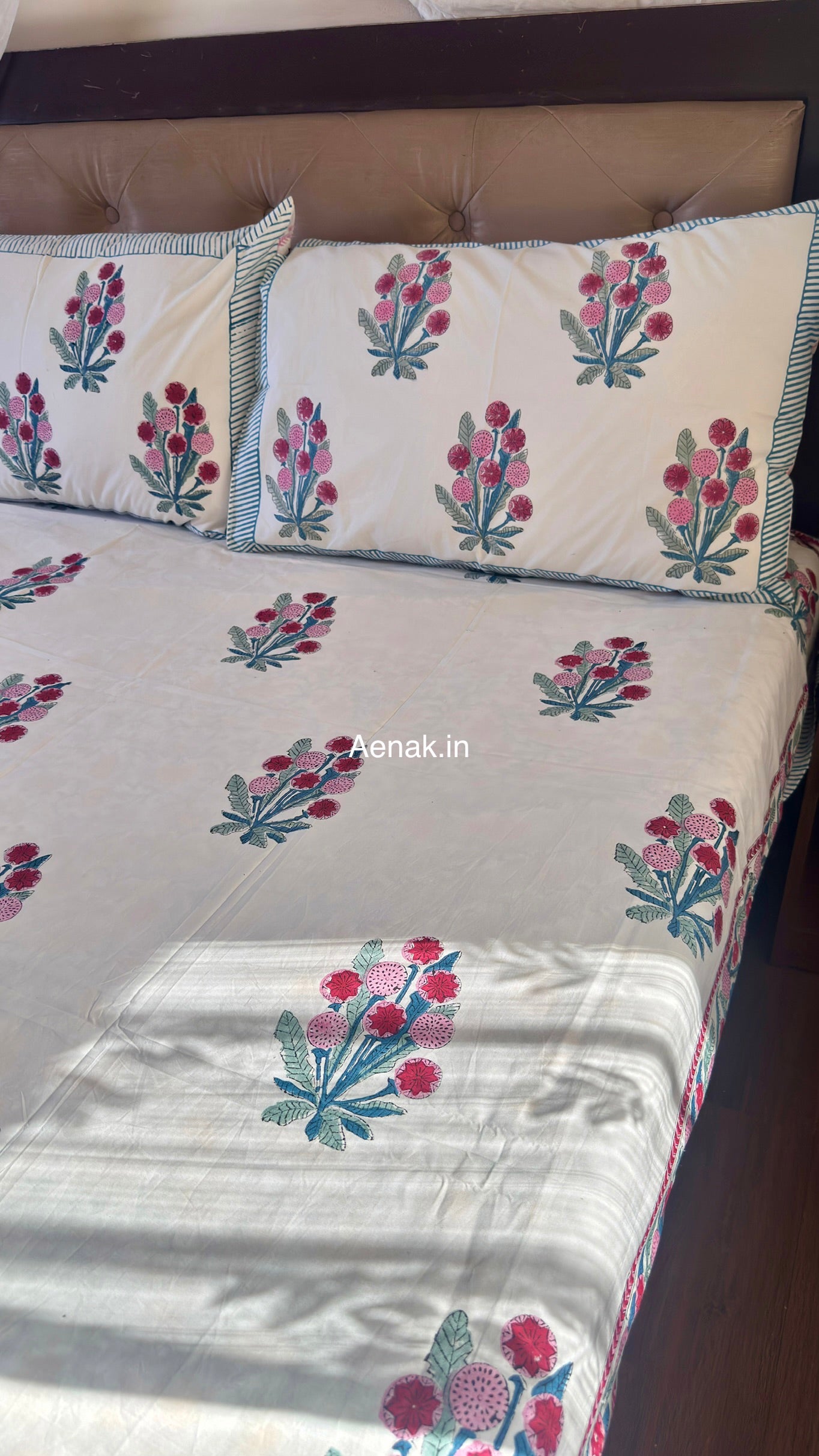 Gardenia Red Handblock Premium Cotton Bedsheet Set