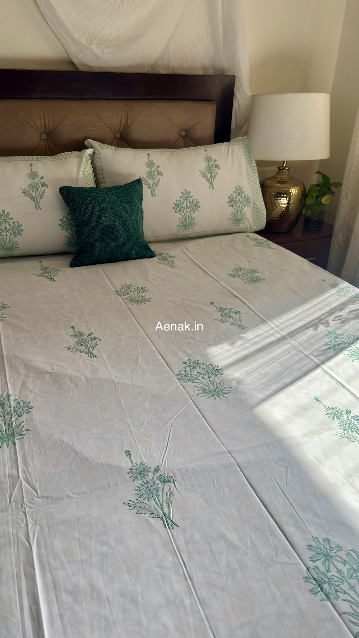 Sea Green Blossom Handblock Premium Cotton Bedsheet Set