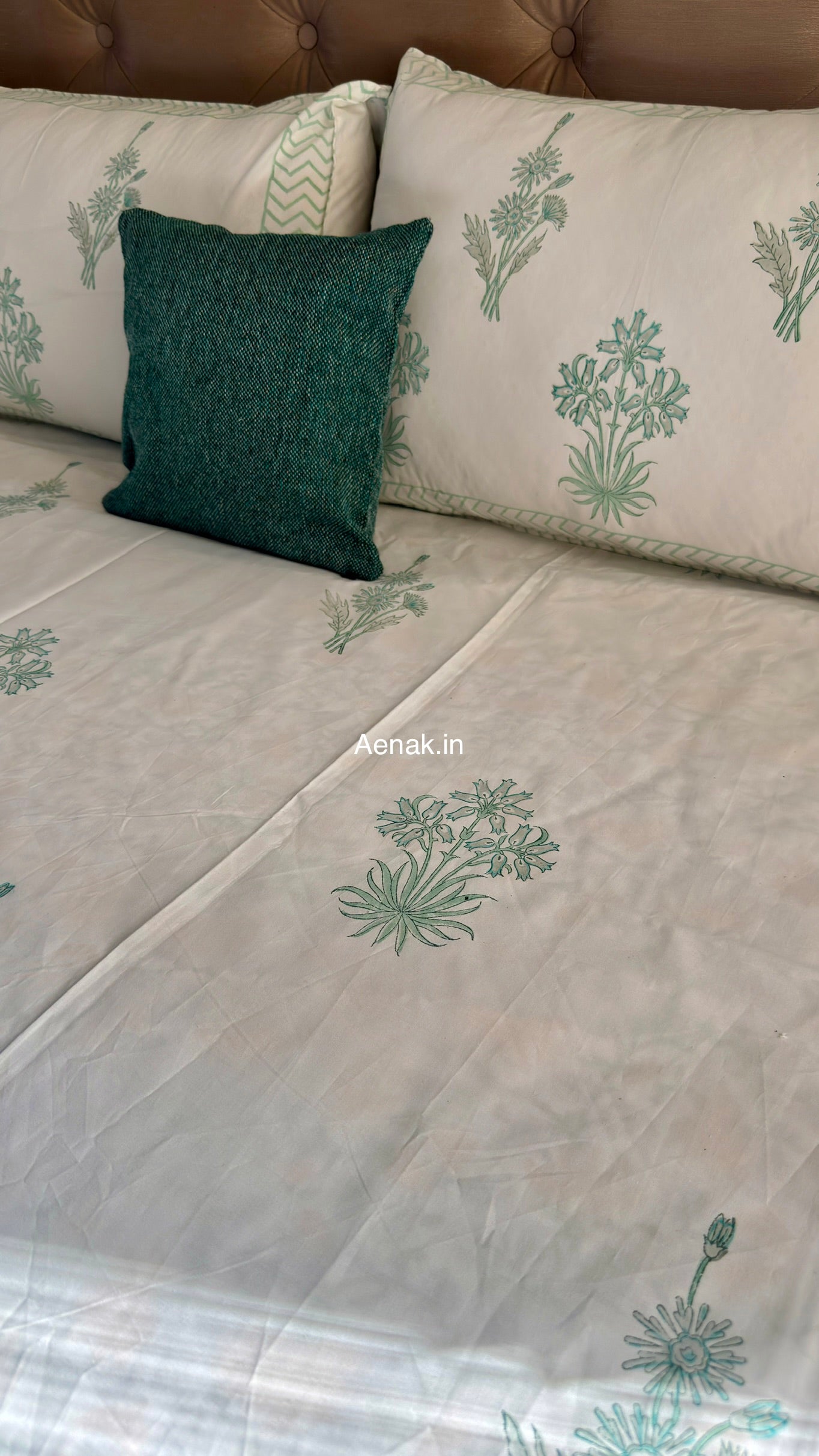 Sea Green Blossom Handblock Premium Cotton Bedsheet Set