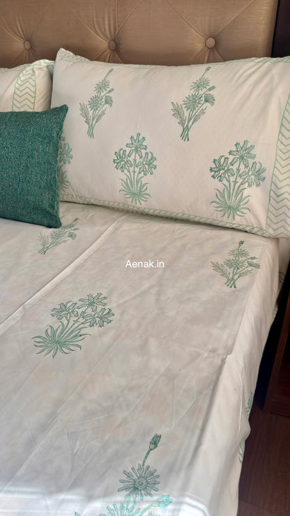 Sea Green Blossom Handblock Premium Cotton Bedsheet Set