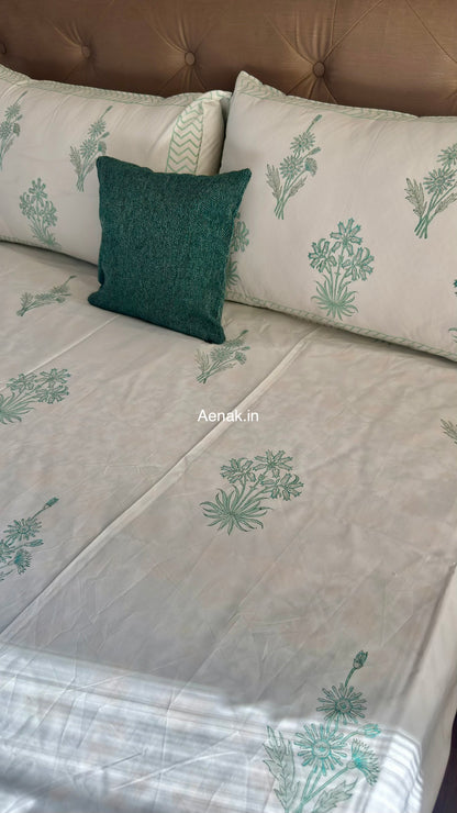 Sea Green Blossom Handblock Premium Cotton Bedsheet Set