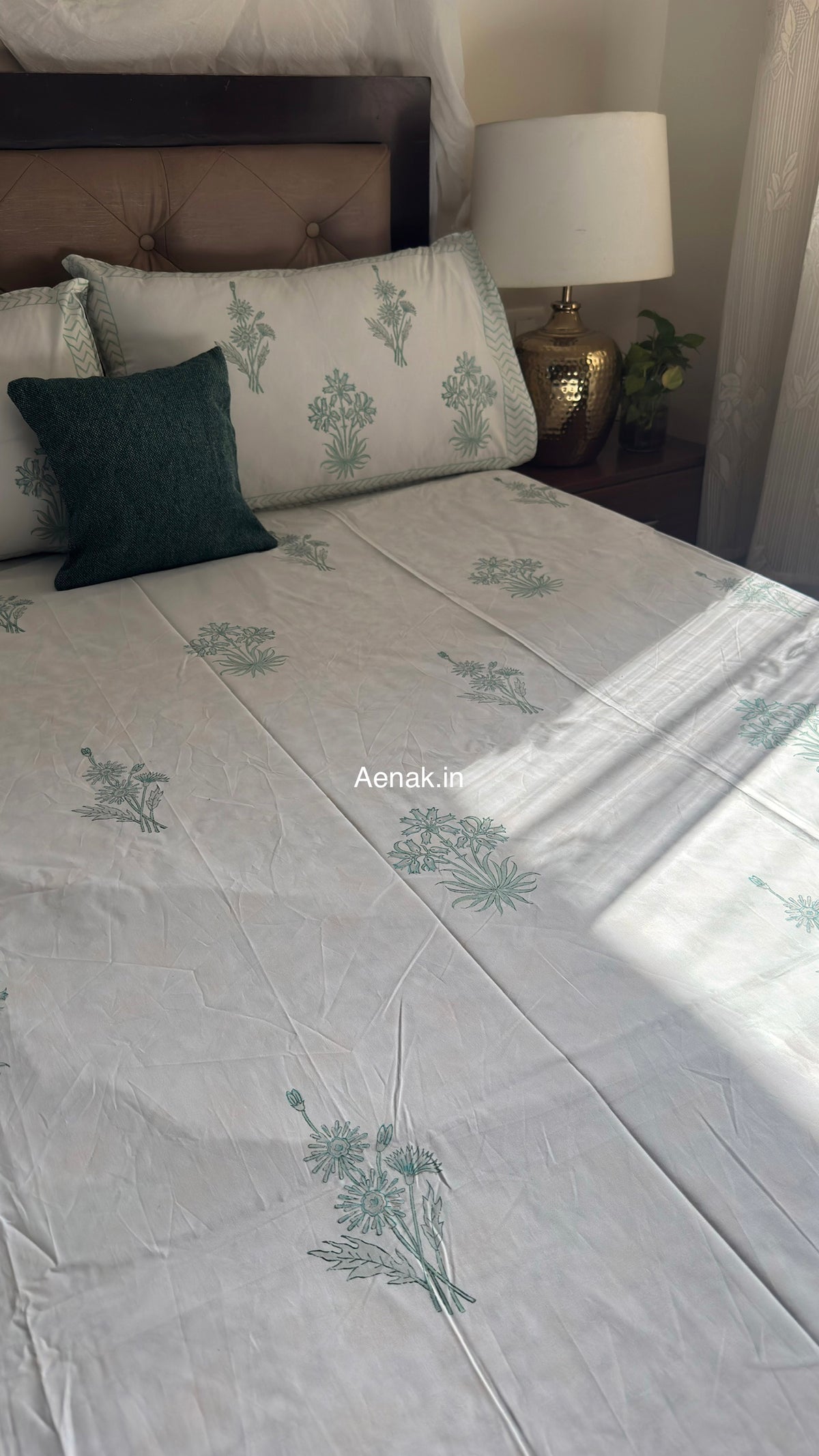 Sea Green Blossom Handblock Printed Premium Cotton Bedsheet