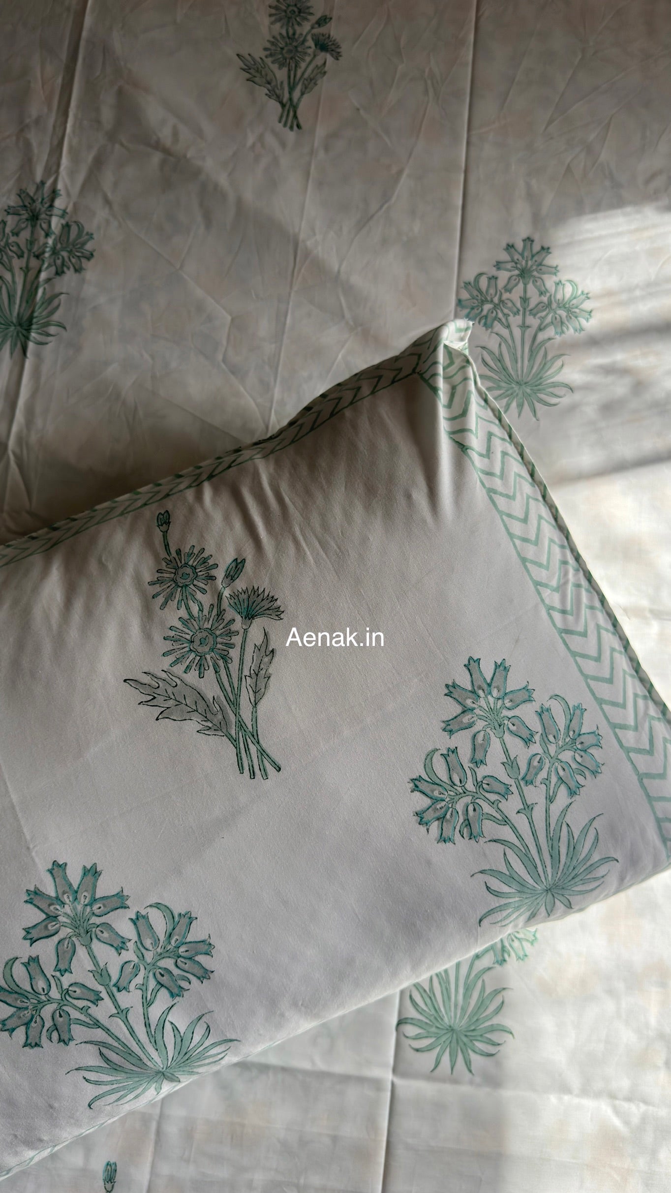 Sea Green Blossom Handblock Premium Cotton Bedsheet Set