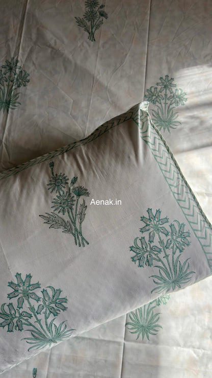 Sea Green Blossom Handblock Premium Cotton Bedsheet Set