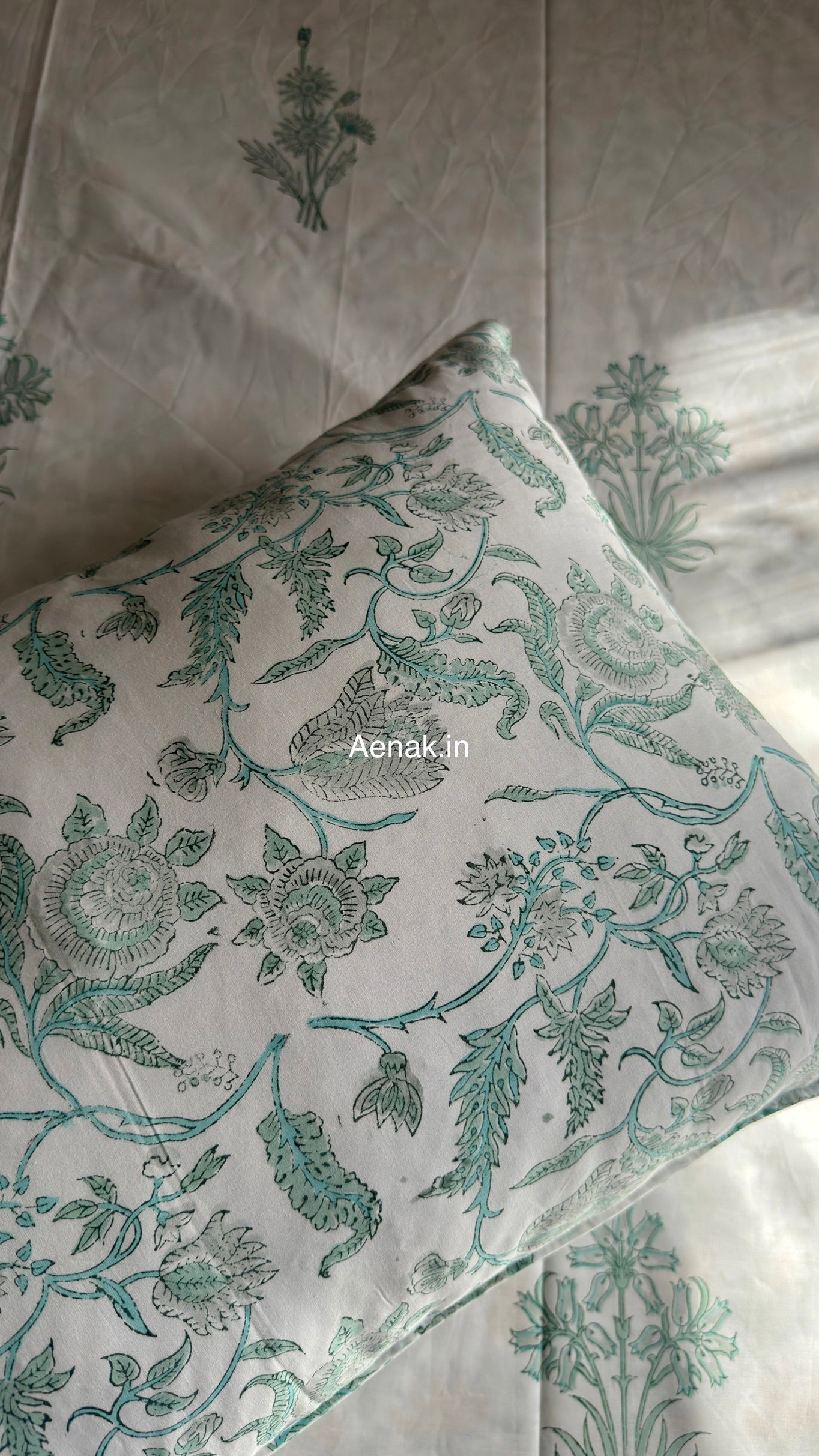 Sea Green Blossom Handblock Premium Cotton Bedsheet Set