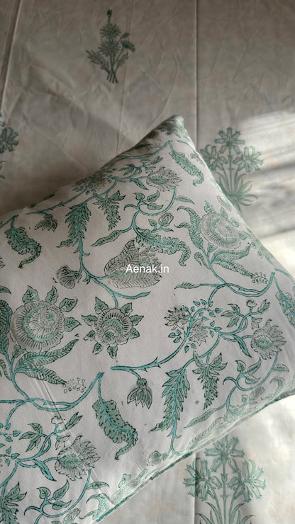 Sea Green Blossom Handblock Premium Cotton Bedsheet Set