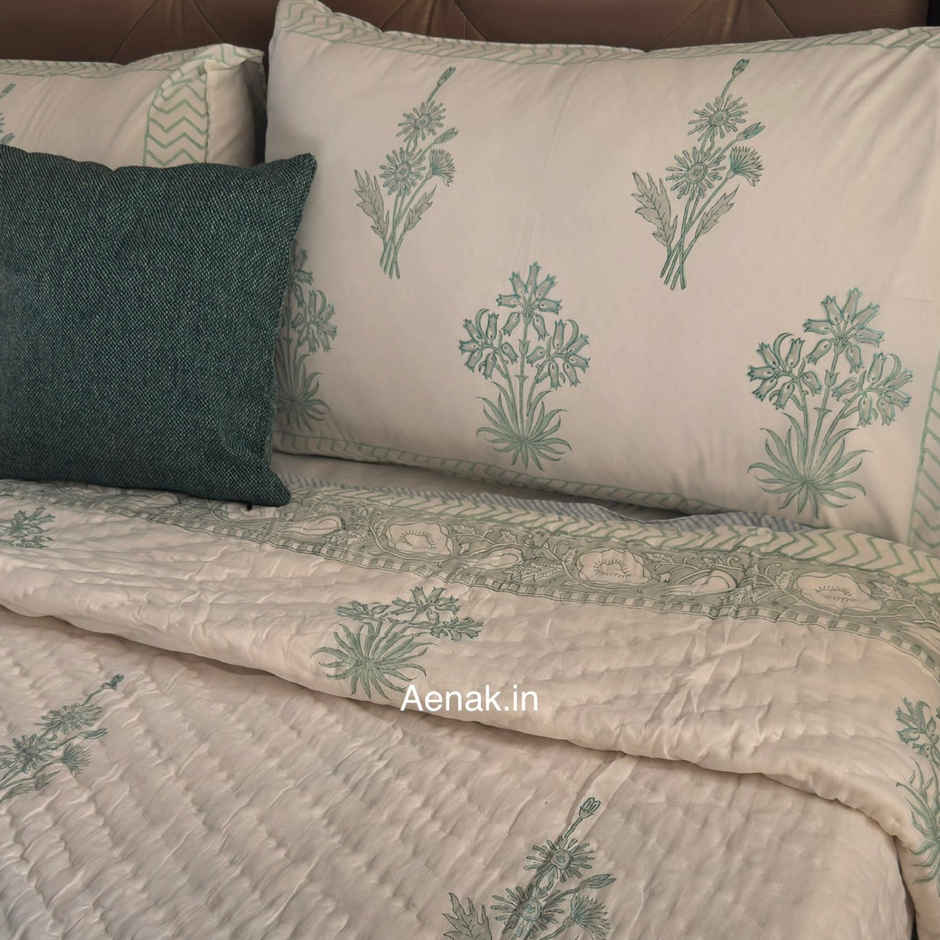 Sea Green Blossom Handblock Reversible Mulmul Cotton Quilt