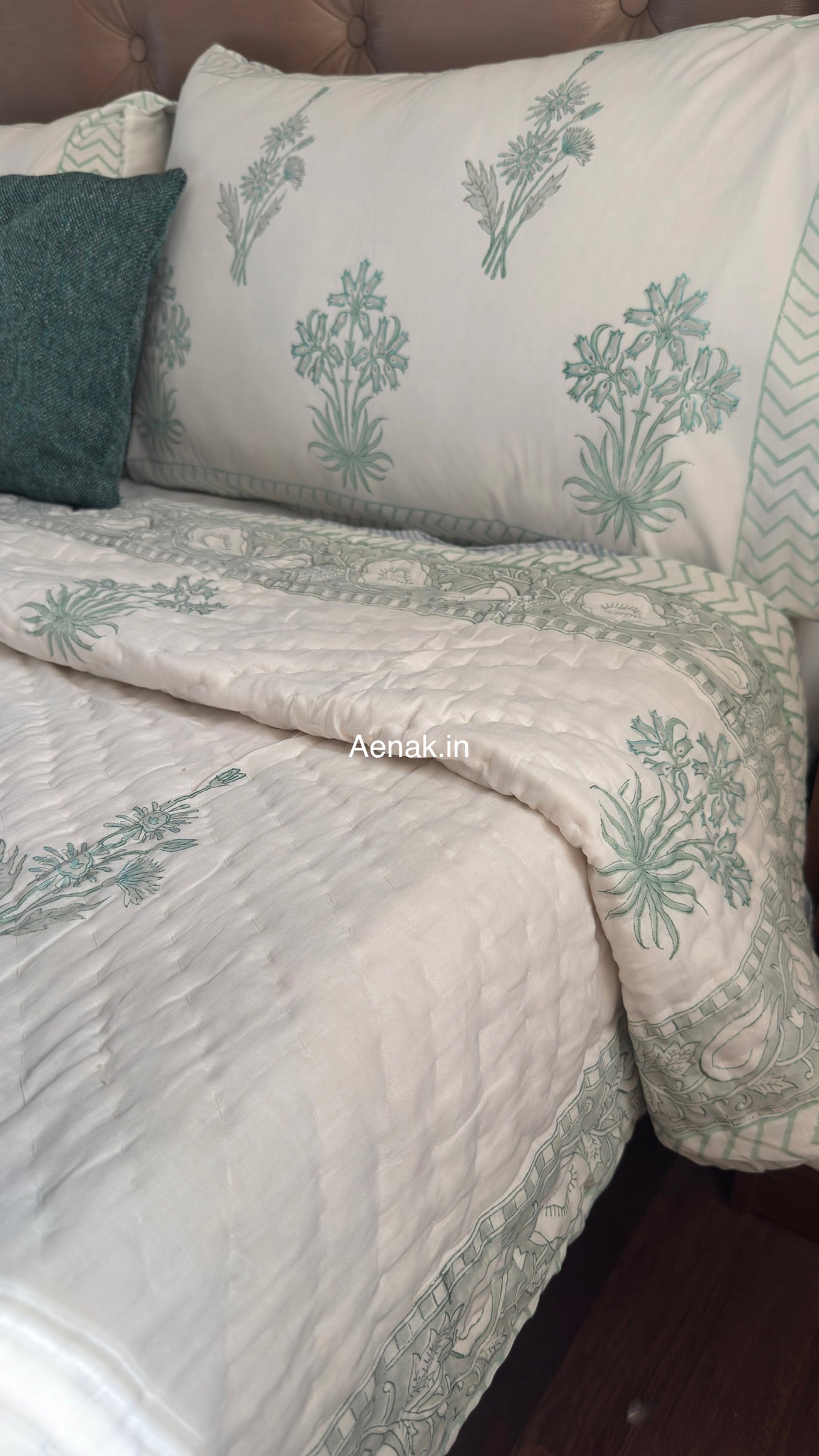 Sea Green Blossom Handblock Reversible Mulmul Cotton Quilt