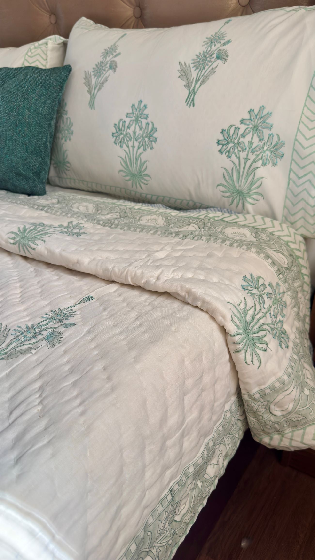Sea Green Blossom Handblock Reversible Mulmul Cotton Quilt