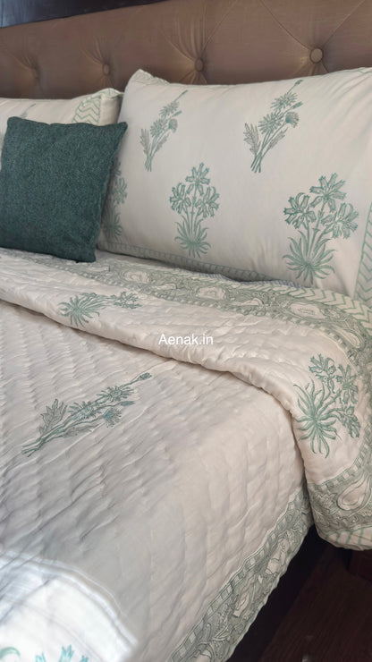 Sea Green Blossom Handblock Reversible Mulmul Cotton Quilt