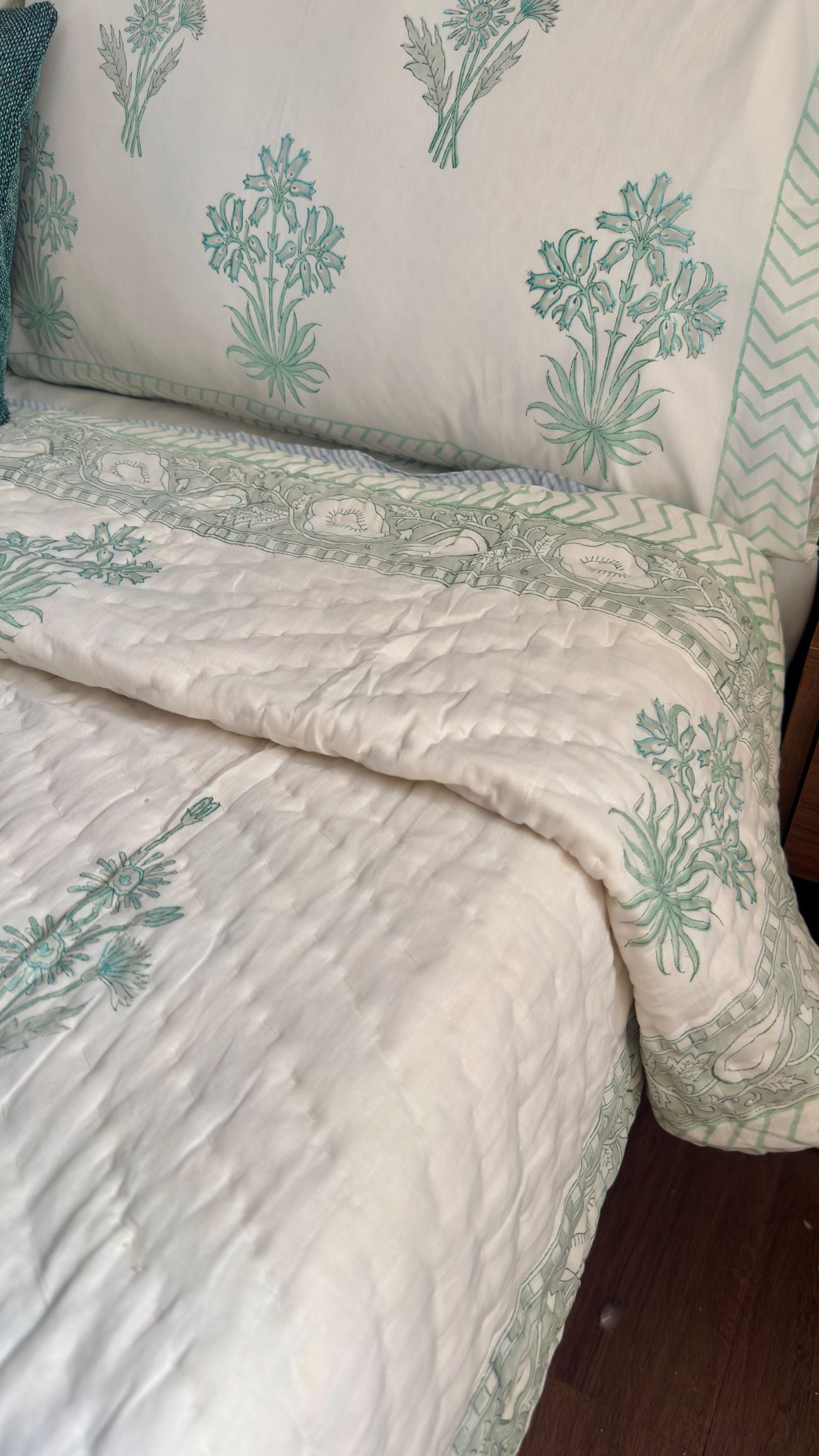 Sea Green Blossom Handblock Reversible Mulmul Cotton Quilt