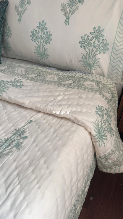 Sea Green Blossom Handblock Reversible Mulmul Cotton Quilt