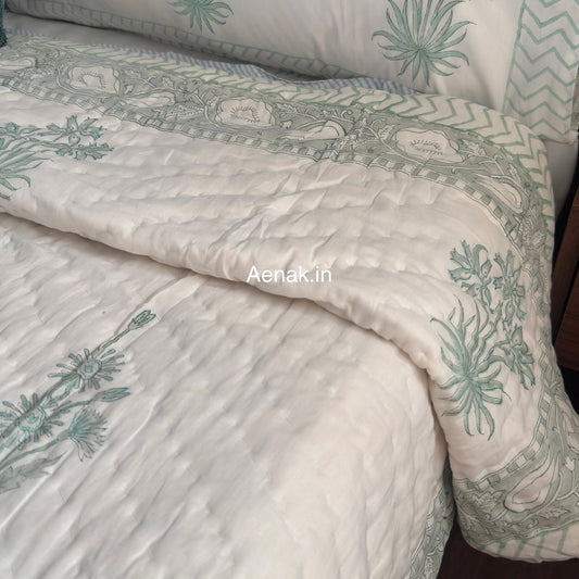 Sea Green Blossom Handblock Reversible Mulmul Cotton Quilt
