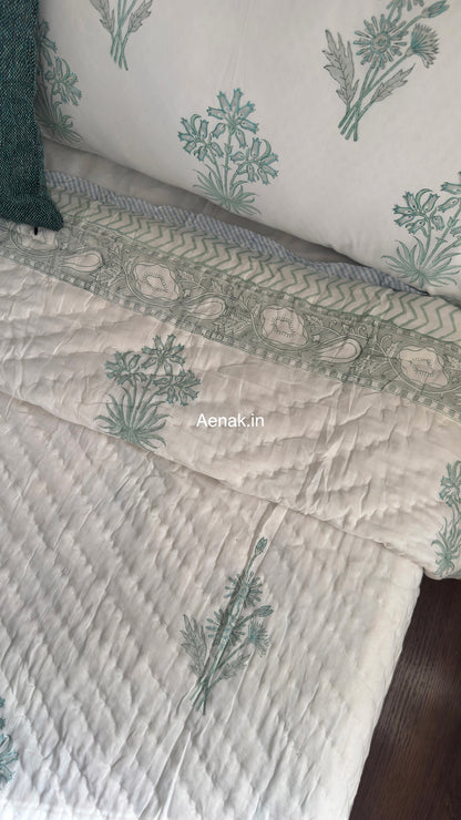 Sea Green Blossom Handblock Reversible Mulmul Cotton Quilt