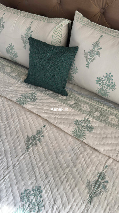 Sea Green Blossom Handblock Reversible Mulmul Cotton Quilt