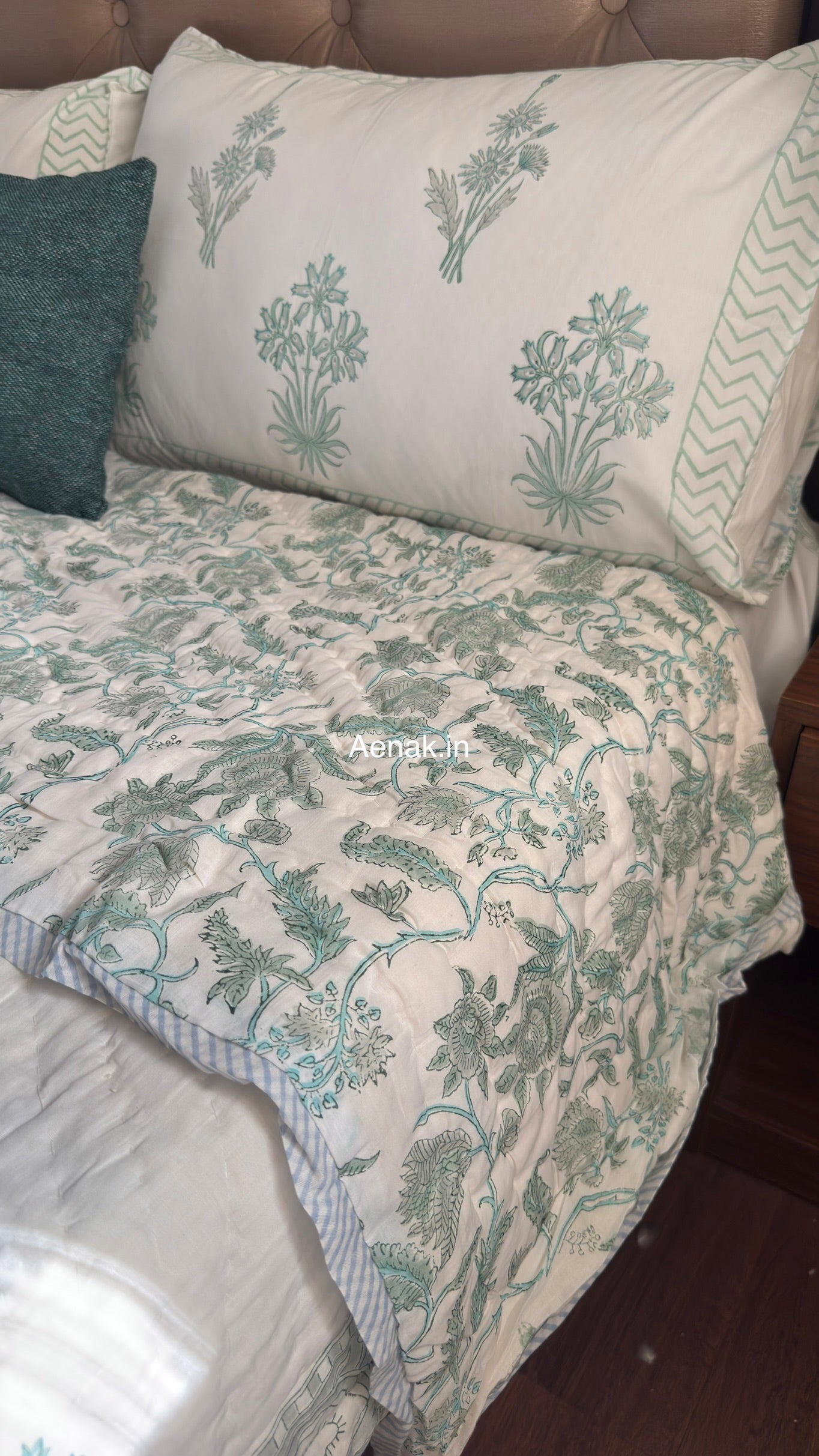 Sea Green Blossom Handblock Reversible Mulmul Cotton Quilt