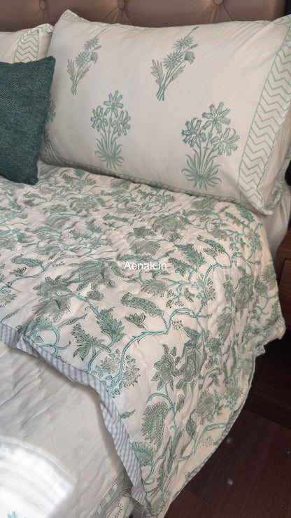 Sea Green Blossom Handblock Reversible Mulmul Cotton Quilt