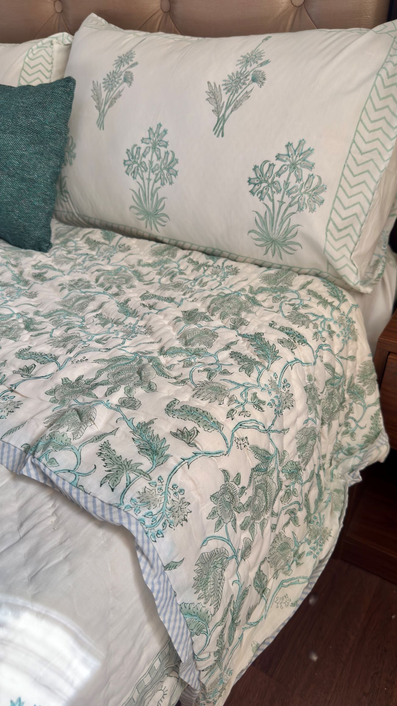 Sea Green Blossom Handblock Reversible Mulmul Cotton Quilt