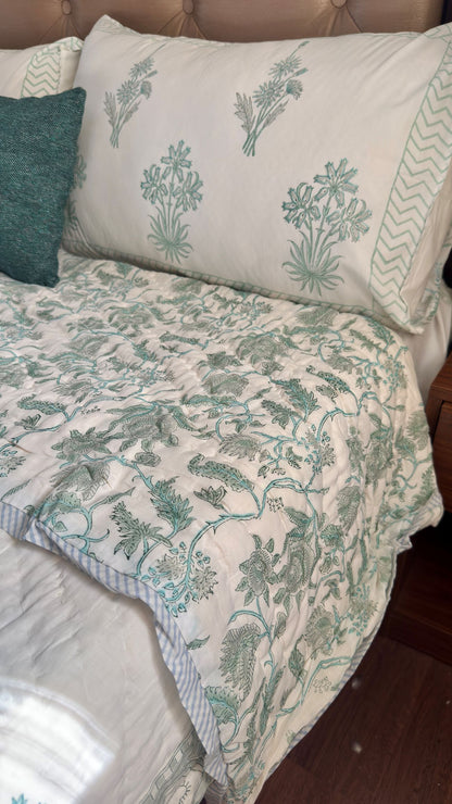 Sea Green Blossom Handblock Reversible Mulmul Cotton Quilt