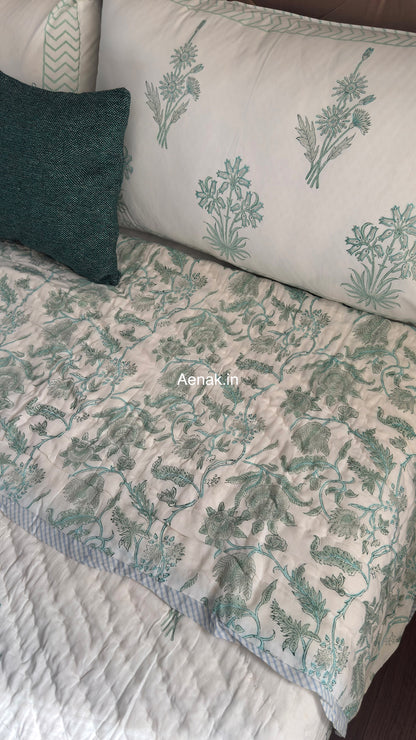 Sea Green Blossom Handblock Reversible Mulmul Cotton Quilt