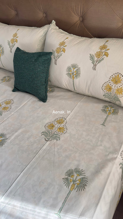 Yellow Blossom Handblock Premium Cotton Bedsheet Set