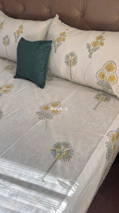 Yellow Blossom Handblock Premium Cotton Bedsheet Set