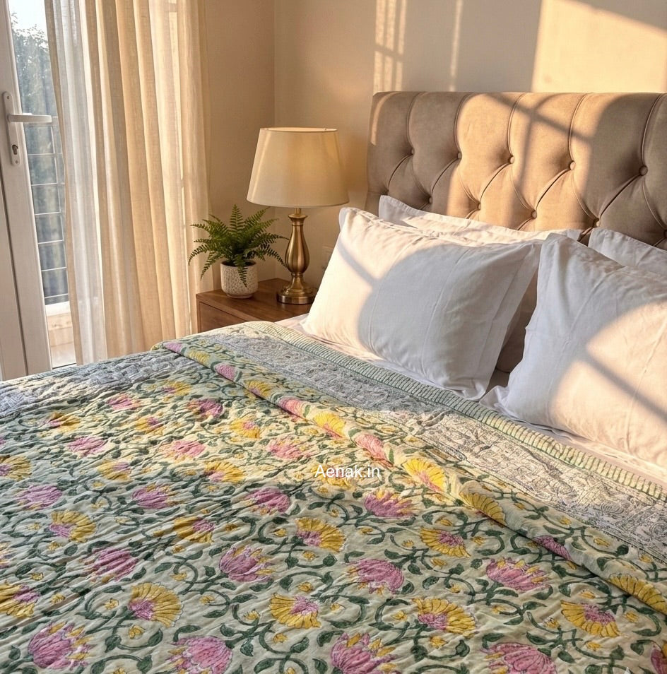 Pink & Yellow Lotus Handblock Bedsheet + Quilt Combo Set