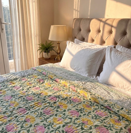 Pink & Yellow Lotus Handblock Reversible Mulmul Cotton Quilt