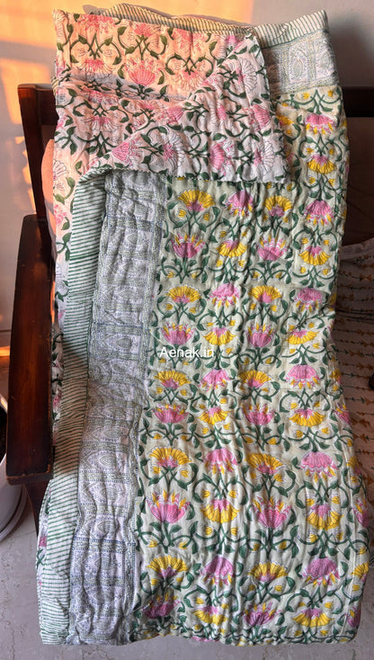 Pink & Yellow Lotus Handblock Bedsheet + Quilt Combo Set