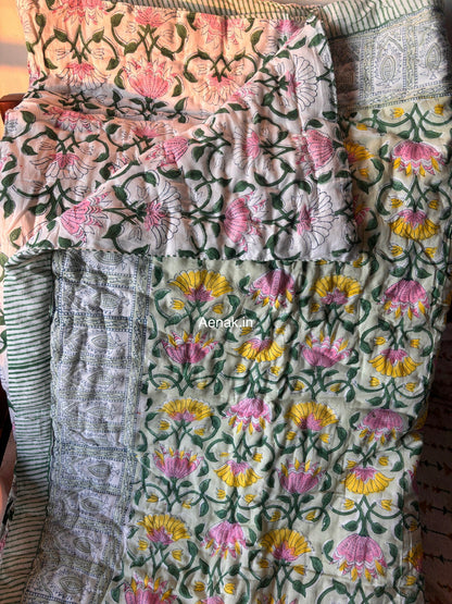 Pink & Yellow Lotus Handblock Bedsheet + Quilt Combo Set
