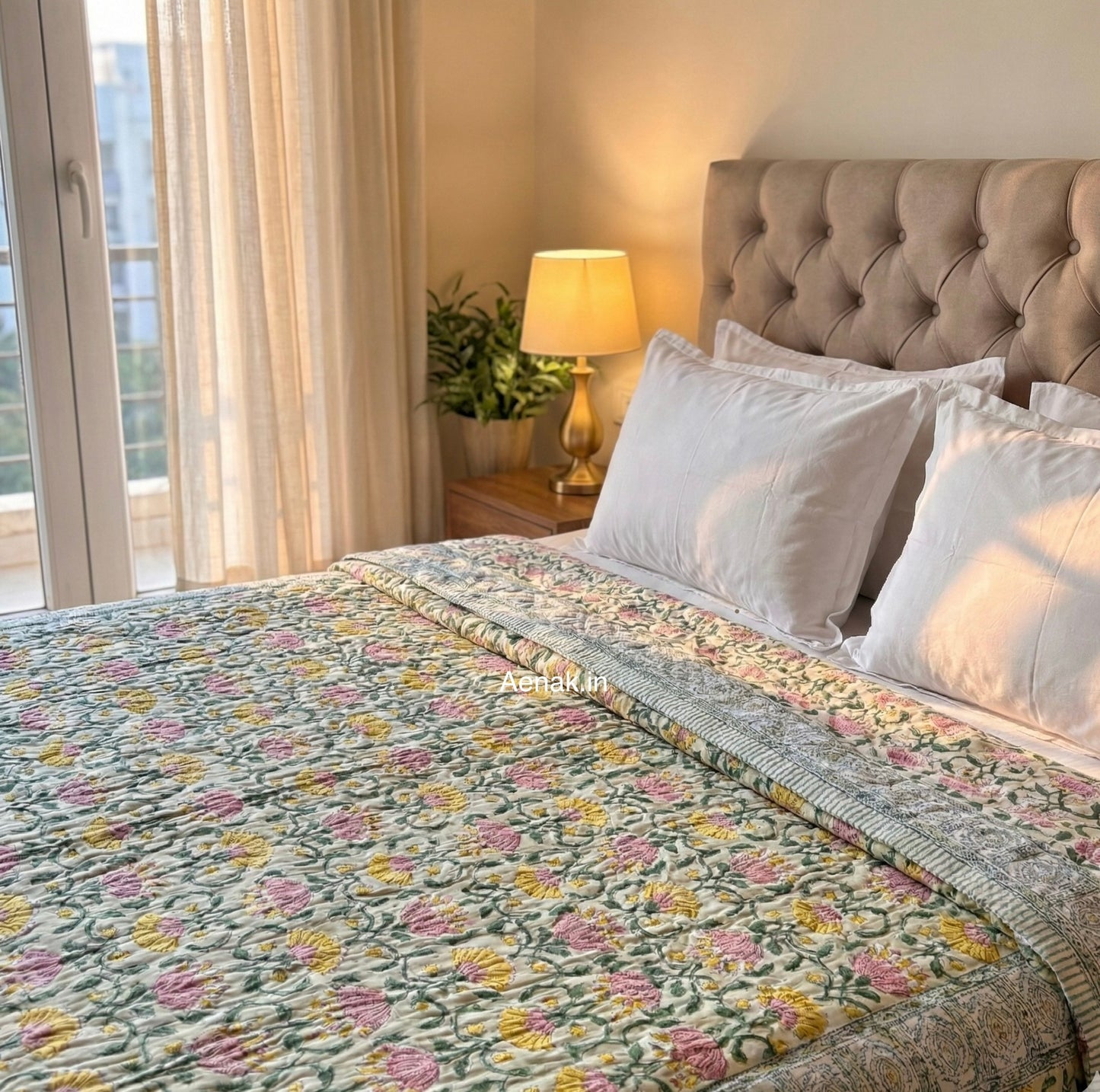 Pink & Yellow Lotus Handblock Bedsheet + Quilt Combo Set