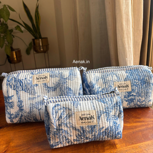 Blue Jungle Quilted Vanity Pouches-Set of 3