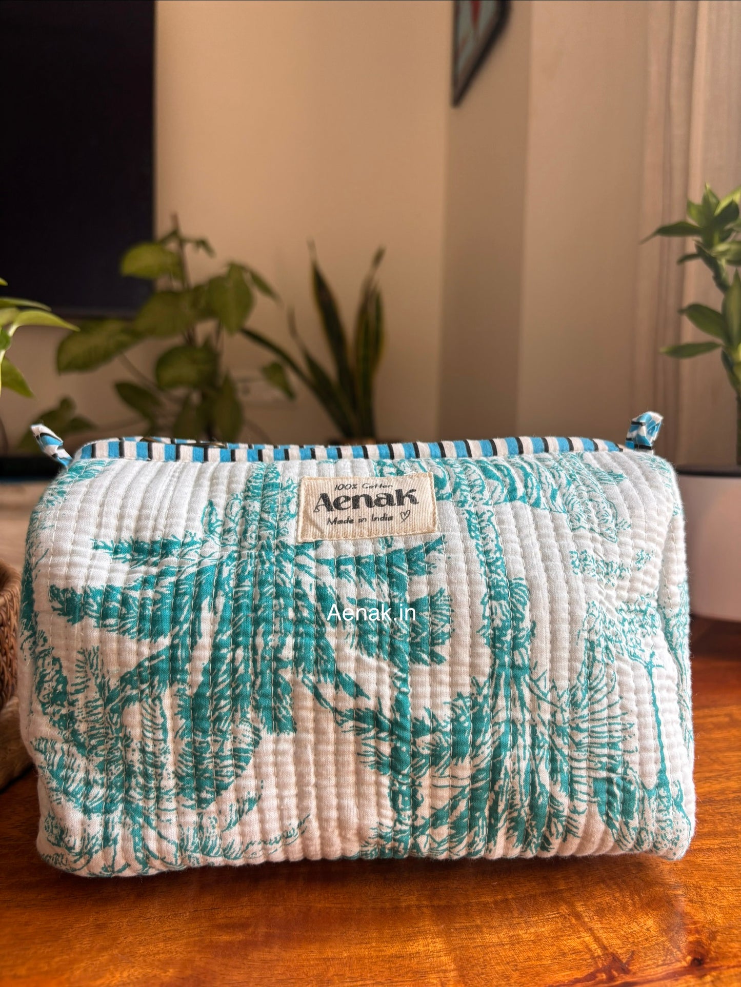 Teal Jungle Quilted Cotton Travel Bag + Vanity Pouch