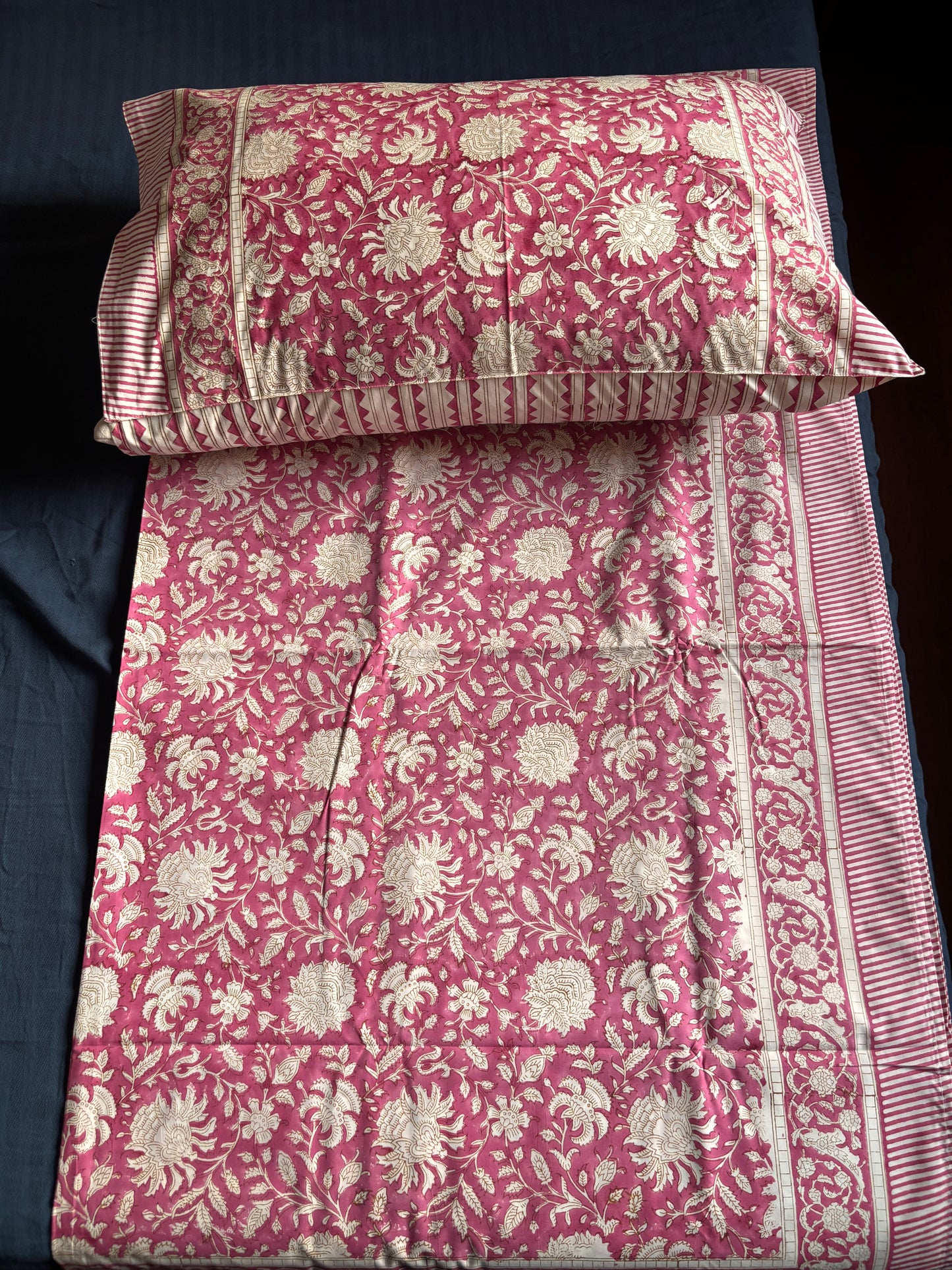 Magenta Floral Garden Handblock Printed Premium Cotton Bedsheet Set