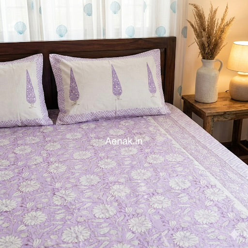 Purple Floral Garden Handblock Premium Cotton Bedsheet Set
