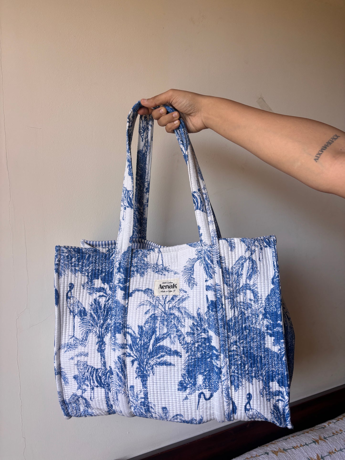 Blue Jungle Quilted Cotton Travel Bag + Vanity Pouch