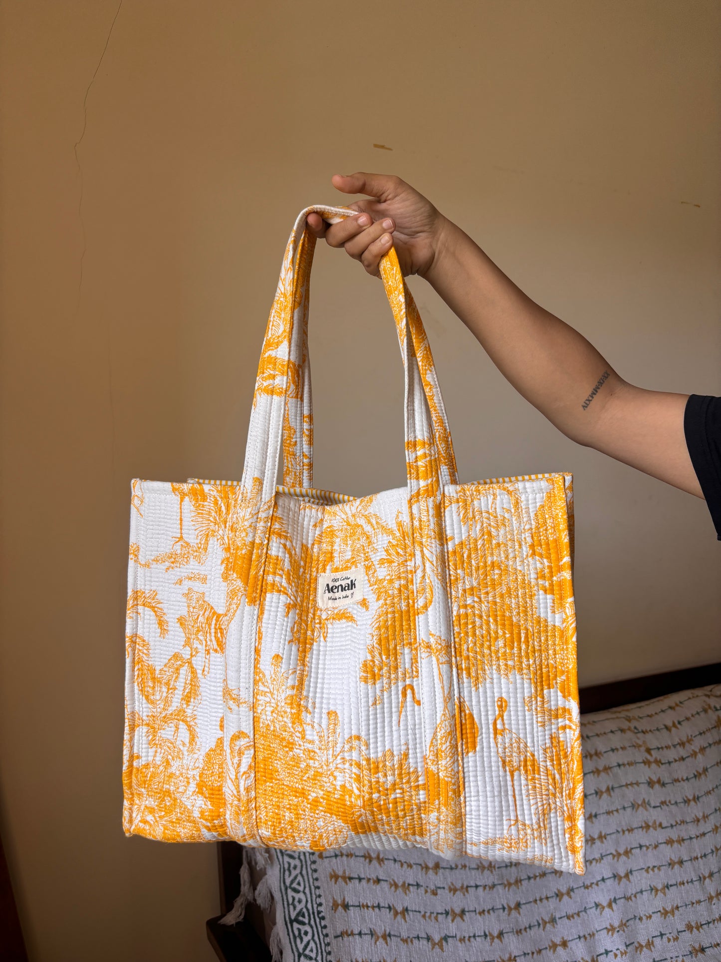 Yellow Jungle Quilted Cotton Travel Bag + Vanity Pouch