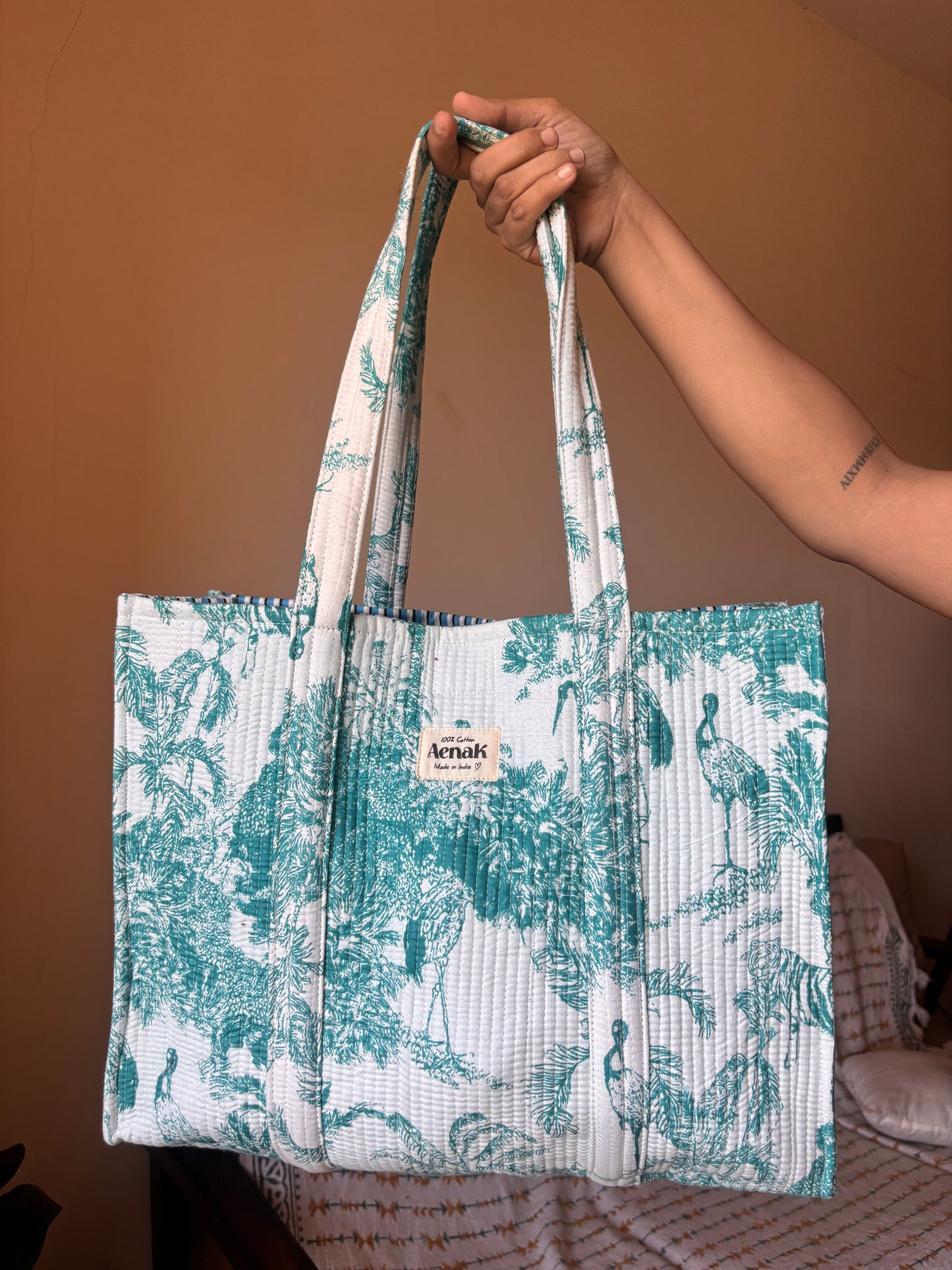 Teal Jungle Quilted Cotton Travel Bag + Vanity Pouch