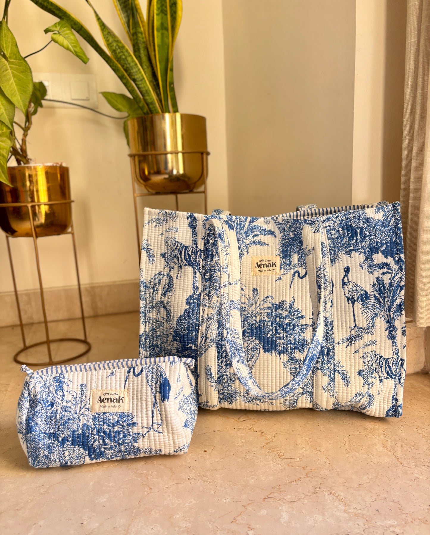 Blue Jungle Quilted Cotton Travel Bag + Vanity Pouch