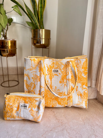 Yellow Jungle Quilted Cotton Travel Bag + Vanity Pouch