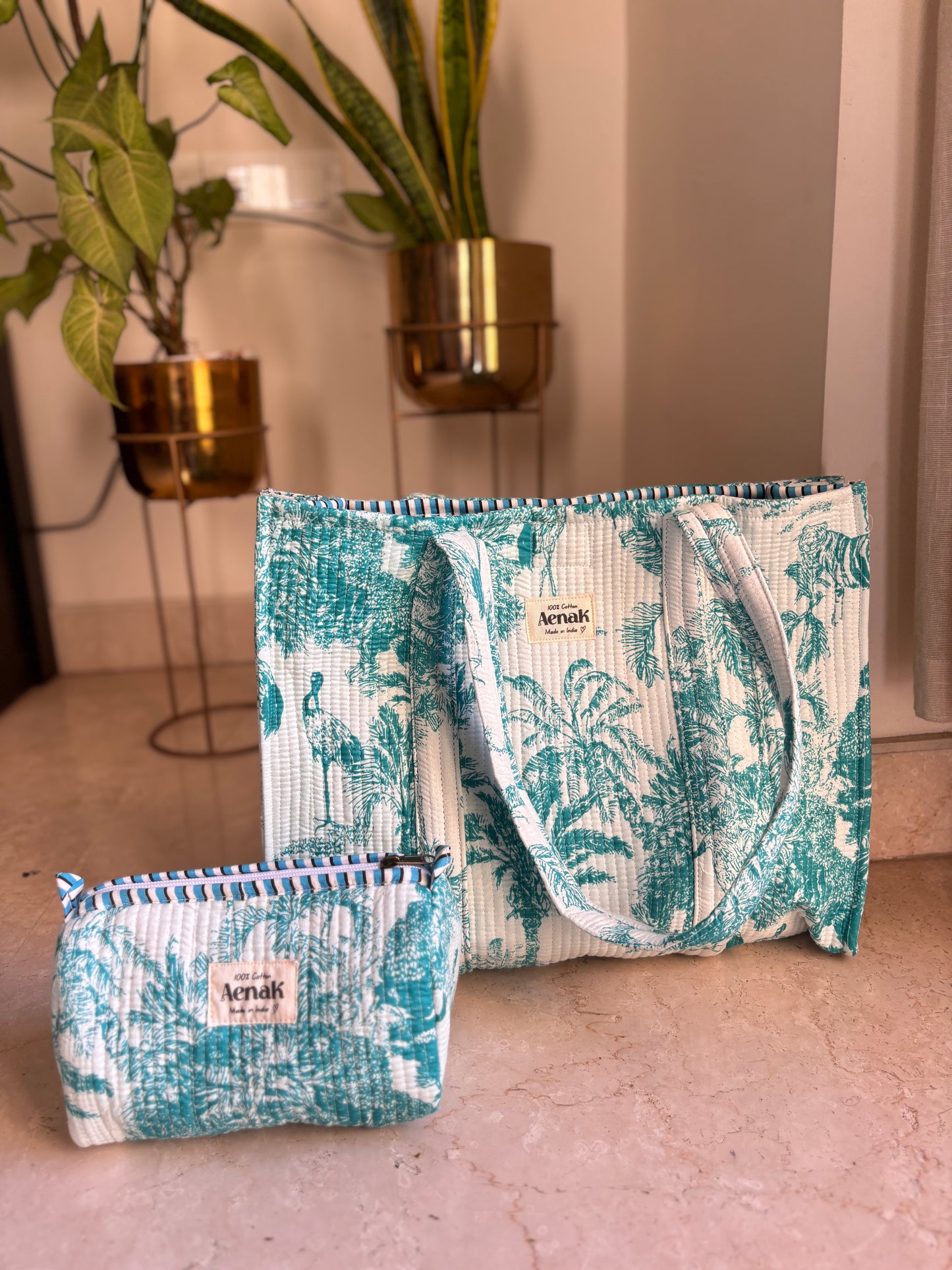 Teal Jungle Quilted Cotton Travel Bag + Vanity Pouch
